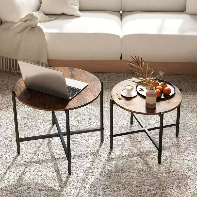 Costway Table basse ronde d'intérieur et d'extérieur - Lot de 2 tables basses gigognes de 54,6 et 64,8 cm - Table d'appoint ronde marron/blanc