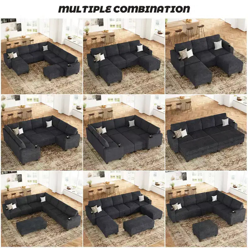 Canapé d'angle modulable 5 places en U Belffin Compact – avec rangement et porte-gobelet