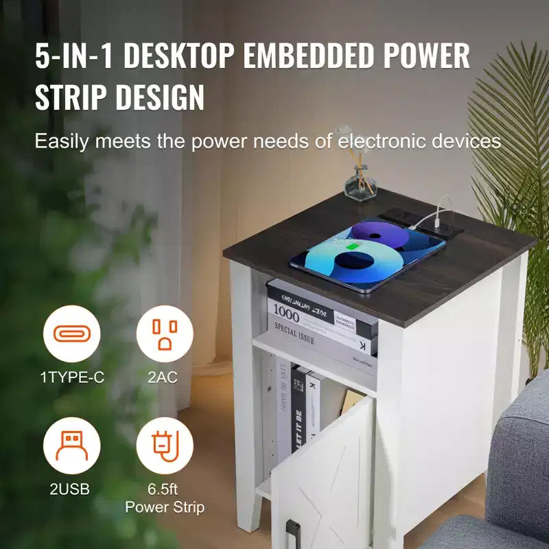 VEVOR Table d'appoint de ferme, lot de 2, table de chevet avec station de recharge, table d'appoint à 3 niveaux avec armoire de rangement, table d'appoint avec ports USB et prises