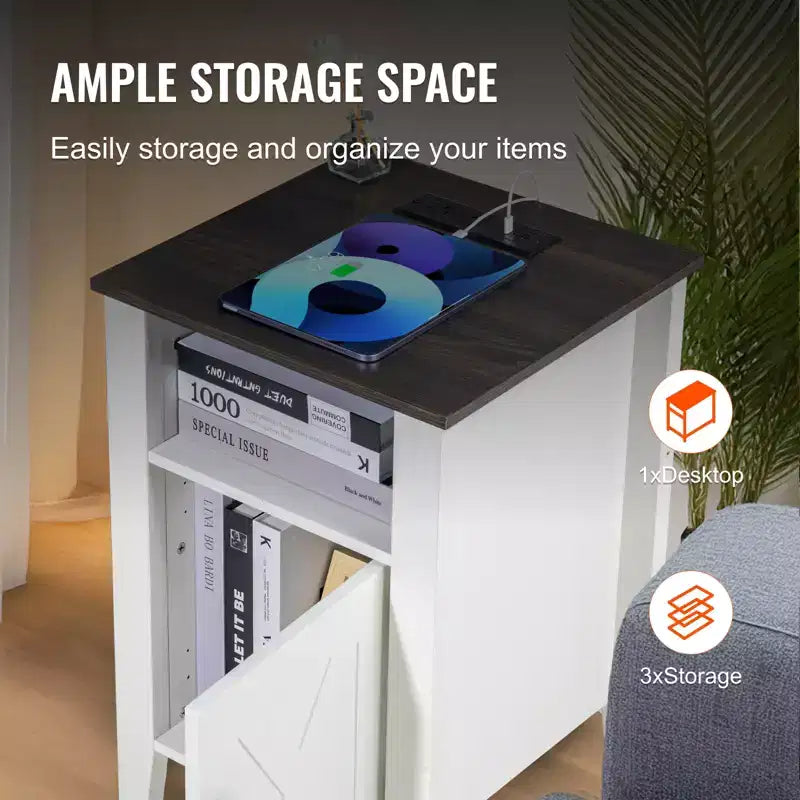 VEVOR Table d'appoint de ferme, lot de 2, table de chevet avec station de recharge, table d'appoint à 3 niveaux avec armoire de rangement, table d'appoint avec ports USB et prises