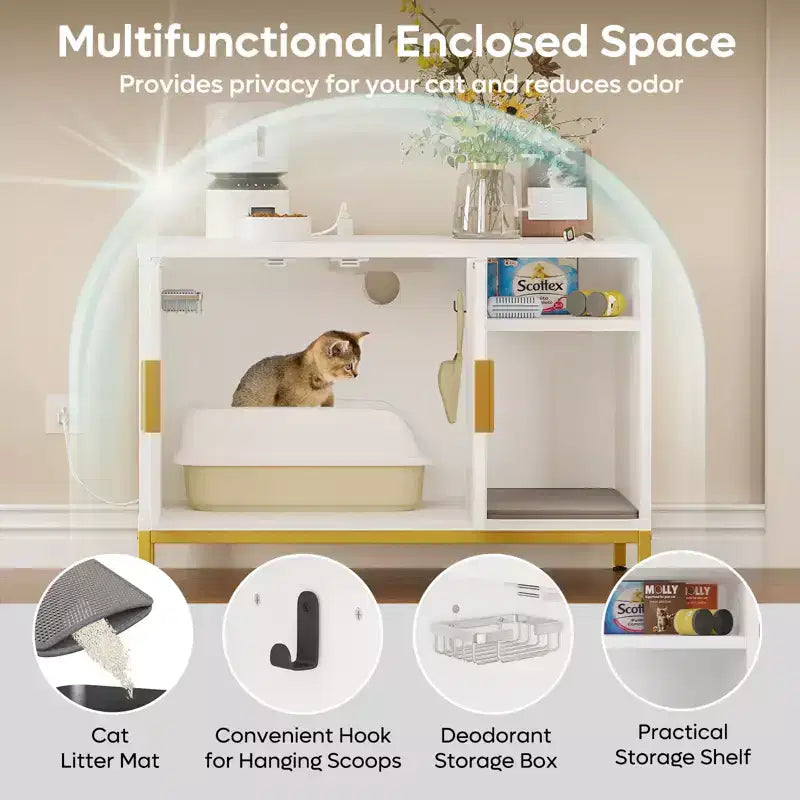 Bestier – Meuble Cache-Litière pour Chat avec Station de Recharge, Tapis de Litière et Toilettes pour Chat