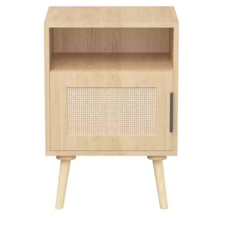 Table de chevet en rotin, table de chevet en bois, table d'appoint, table de chevet avec étagère ouverte, esthétique moderne et naturelle - ModernLuxe