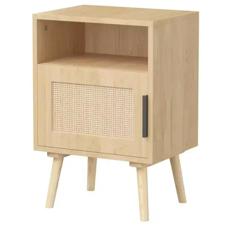 Table de chevet en rotin, table de chevet en bois, table d'appoint, table de chevet avec étagère ouverte, esthétique moderne et naturelle - ModernLuxe