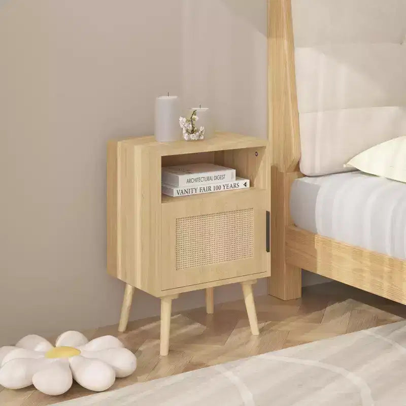 Table de chevet en rotin, table de chevet en bois, table d'appoint, table de chevet avec étagère ouverte, esthétique moderne et naturelle - ModernLuxe