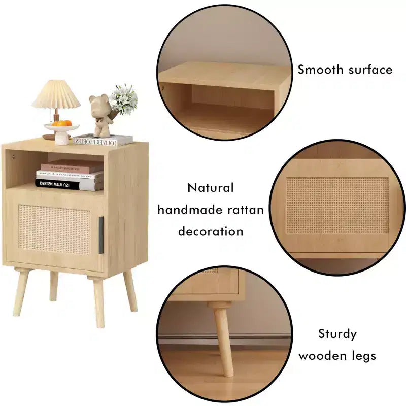 Table de chevet en rotin, table de chevet en bois, table d'appoint, table de chevet avec étagère ouverte, esthétique moderne et naturelle - ModernLuxe