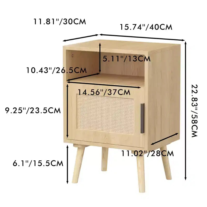 Table de chevet en rotin, table de chevet en bois, table d'appoint, table de chevet avec étagère ouverte, esthétique moderne et naturelle - ModernLuxe
