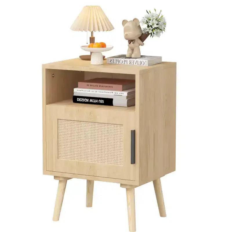 Table de chevet en rotin, table de chevet en bois, table d'appoint, table de chevet avec étagère ouverte, esthétique moderne et naturelle - ModernLuxe
