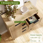 Commode à 5 tiroirs cannelée pour chambre à coucher, commode moderne en bois avec tiroirs larges