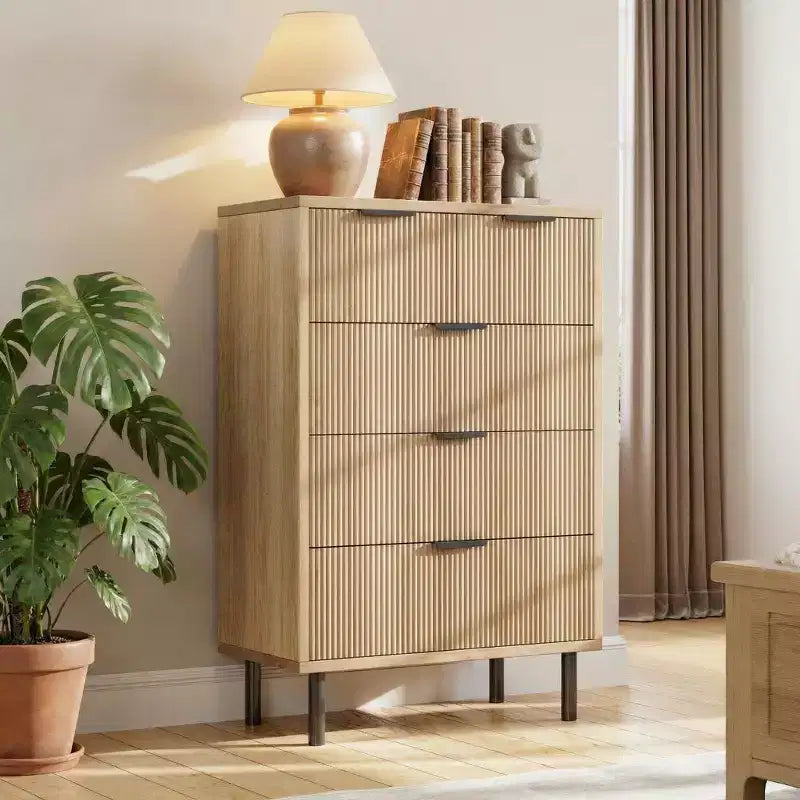 Commode à 5 tiroirs cannelée pour chambre à coucher, commode moderne en bois avec tiroirs larges