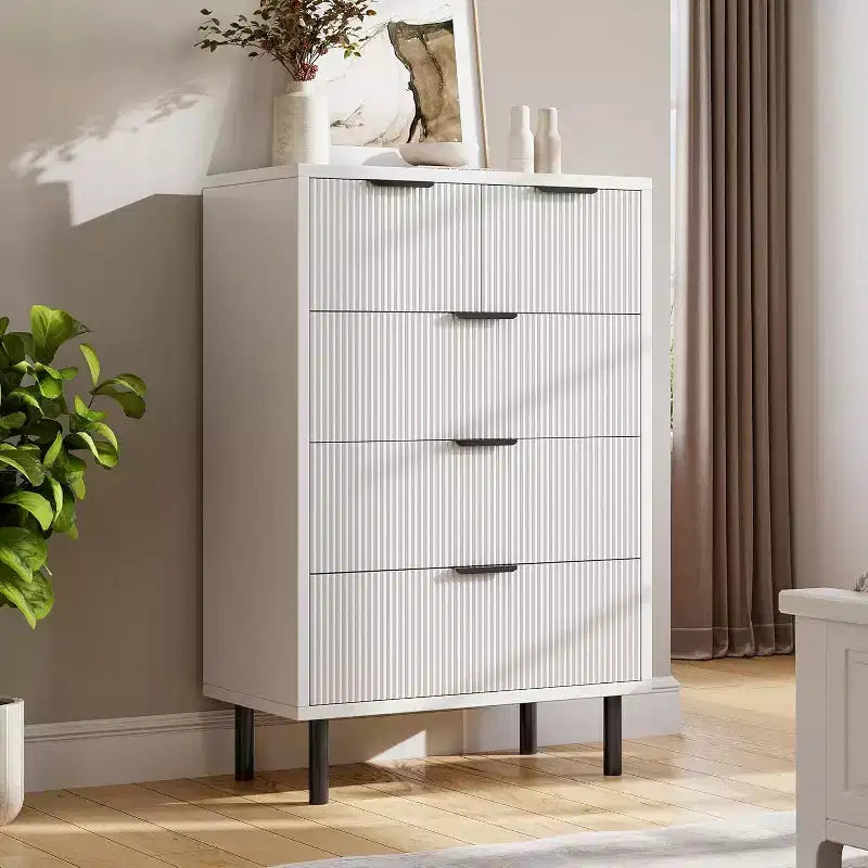 Commode à 5 tiroirs cannelée pour chambre à coucher, commode moderne en bois avec tiroirs larges