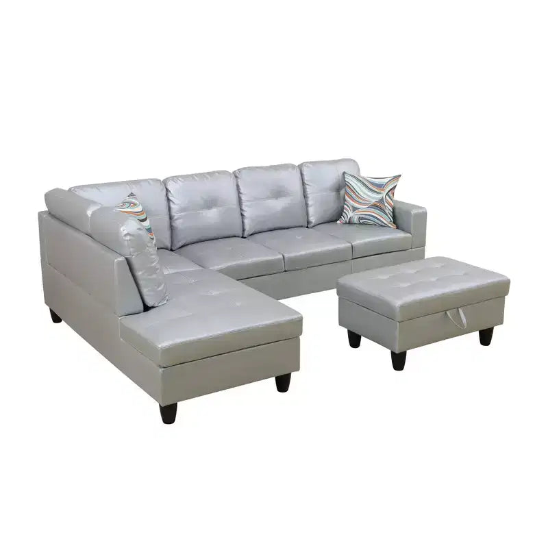 Canapé d'angle moderne en cuir gris avec pouf de rangement