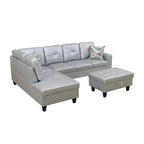 Canapé d'angle moderne en cuir gris avec pouf de rangement