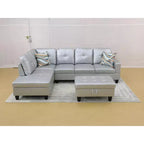 Canapé d'angle moderne en cuir gris avec pouf de rangement