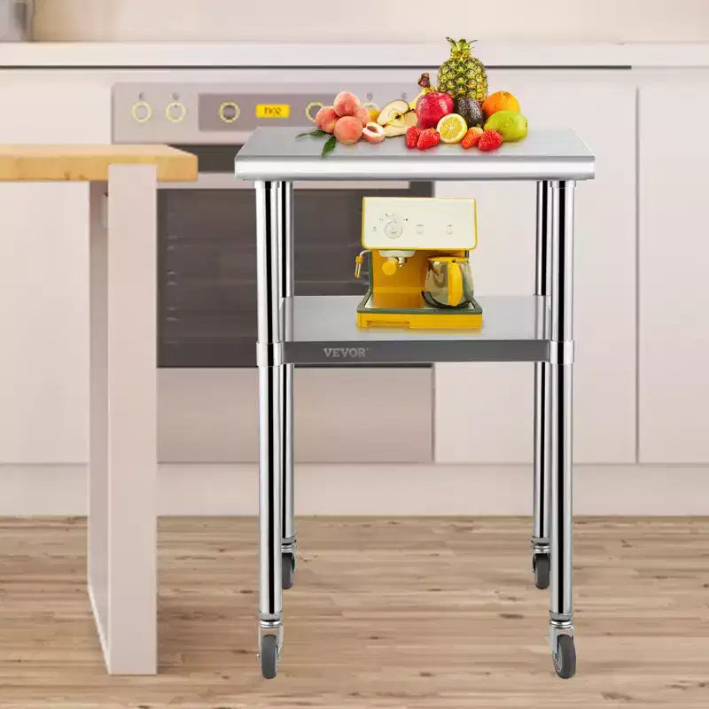 Table de préparation en acier inoxydable VEVOR, 61 x 61 x 91,4 cm, capacité de charge de 272 kg, table de travail en métal robuste avec étagère inférieure réglable