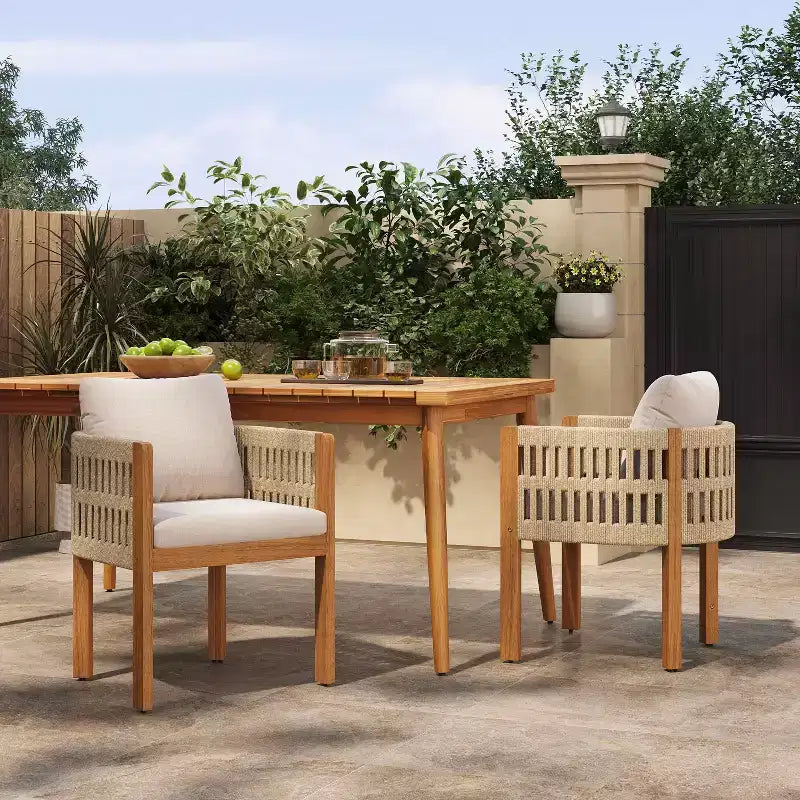 MAYEERTY Lot de 2 chaises de patio en bois d'acacia avec accoudoirs en corde et coussins en mousse imperméables, capacité de 180 kg
