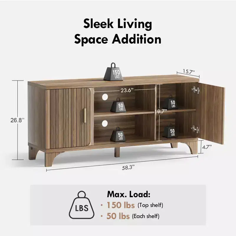 Meuble TV Mid-Century Modern pour téléviseurs de 32 à 65 pouces, portes cannelées, placards de rangement, étagères, noyer