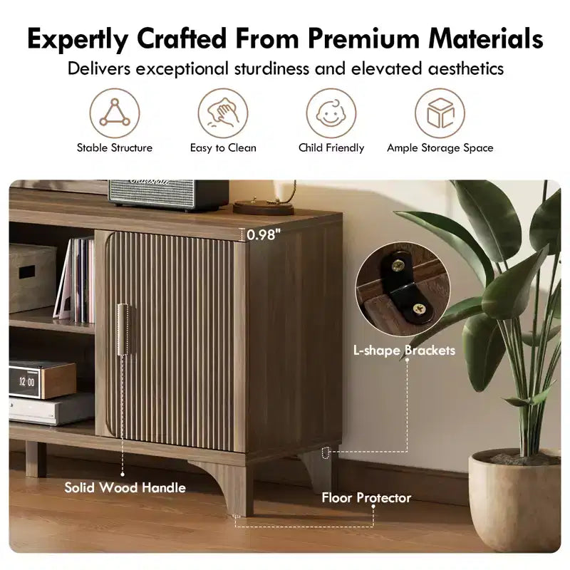 Meuble TV Mid-Century Modern pour téléviseurs de 32 à 65 pouces, portes cannelées, placards de rangement, étagères, noyer