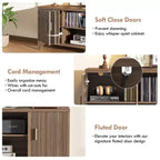 Meuble TV Mid-Century Modern pour téléviseurs de 32 à 65 pouces, portes cannelées, placards de rangement, étagères, noyer