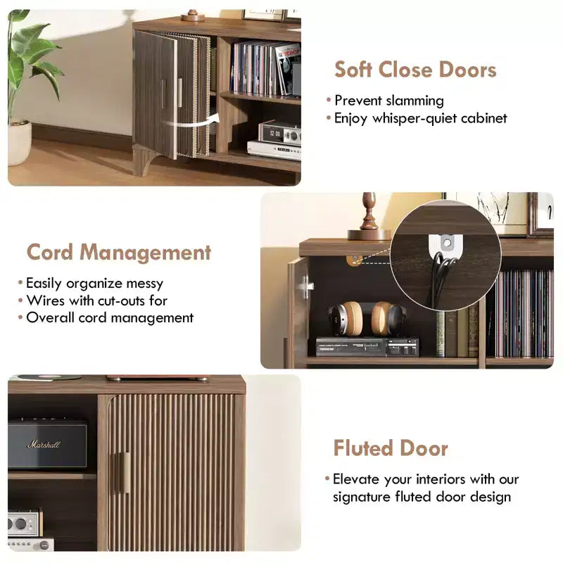 Meuble TV Mid-Century Modern pour téléviseurs de 32 à 65 pouces, portes cannelées, placards de rangement, étagères, noyer