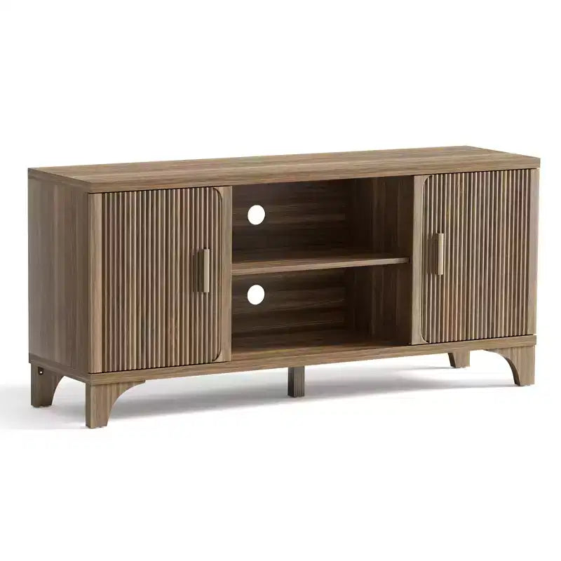 Meuble TV Mid-Century Modern pour téléviseurs de 32 à 65 pouces, portes cannelées, placards de rangement, étagères, noyer