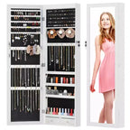 Armoire à bijoux verrouillable en MDF 119 x 28 cm, avec miroir, lumières LED et 6 tiroirs, blanc