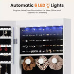 Armoire à bijoux verrouillable en MDF 119 x 28 cm, avec miroir, lumières LED et 6 tiroirs, blanc