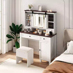 Coiffeuse Okak avec lumières, coiffeuse de ferme avec miroir et lumières, coiffeuse de 106 cm de large avec 4 tiroirs et 1 armoire