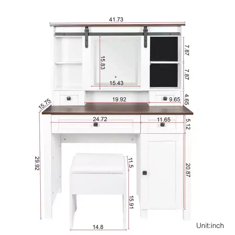 Coiffeuse Okak avec lumières, coiffeuse de ferme avec miroir et lumières, coiffeuse de 106 cm de large avec 4 tiroirs et 1 armoire