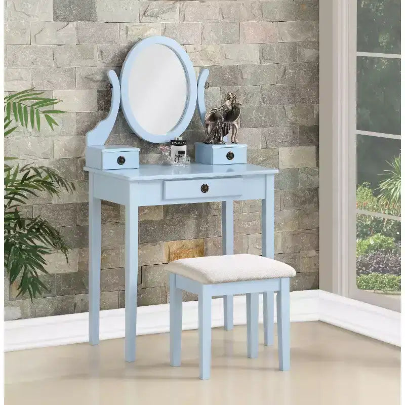 Okak Ensemble Coiffeuse et Chaise, Coiffeuse et Tabouret en Bois pour Chambre à Coucher et Salon, avec Miroir Ovale Élégant, Bleu