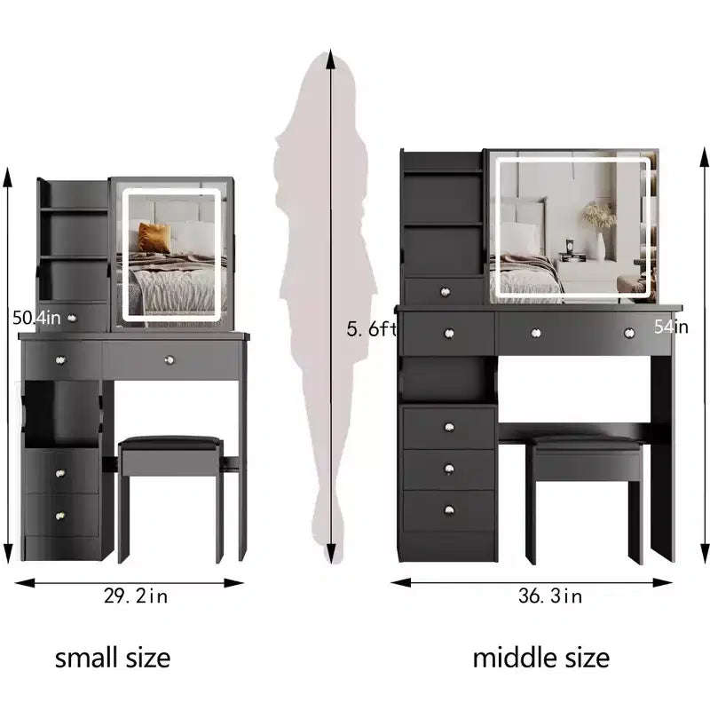 Okak Ensemble Table de Maquillage et Chaise avec Rangement Grande Capacité, Table de Maquillage de 37 Pouces avec Tiroir Gauche et Miroir LED Tactile Extra Large, Noir