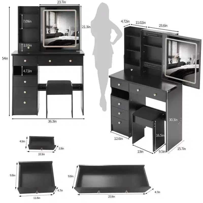 Okak Ensemble Table de Maquillage et Chaise avec Rangement Grande Capacité, Table de Maquillage de 37 Pouces avec Tiroir Gauche et Miroir LED Tactile Extra Large, Noir