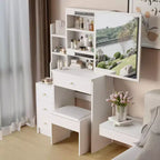 Coiffeuse Okak avec miroir éclairé et ensemble de table, petite coiffeuse de 74,2 cm de large pour petits espaces avec rangement multicouche grande capacité, blanc