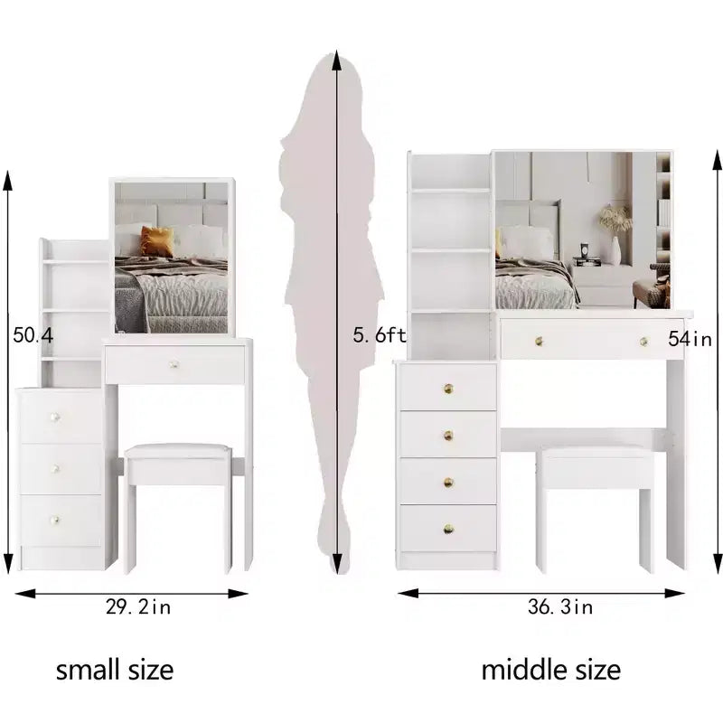 Coiffeuse Okak avec miroir éclairé et ensemble de table, petite coiffeuse de 74,2 cm de large pour petits espaces avec rangement multicouche grande capacité, blanc