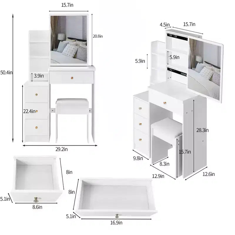 Coiffeuse Okak avec miroir éclairé et ensemble de table, petite coiffeuse de 74,2 cm de large pour petits espaces avec rangement multicouche grande capacité, blanc