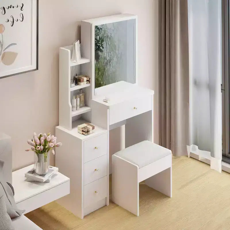 Coiffeuse Okak avec miroir éclairé et ensemble de table, petite coiffeuse de 74,2 cm de large pour petits espaces avec rangement multicouche grande capacité, blanc