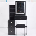 Okak Vanity Table and Chair Set, 29.2 Small Size Left Bedside Cabinet Vanity Table with Large Touch Control Sliding LED Mirror, Black