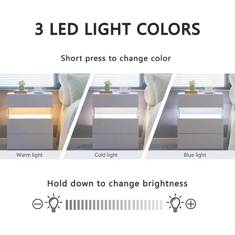 Commode à 3 tiroirs Okak LED pour chambre à coucher, tables de chevet LED en acrylique, tables d'appoint modernes avec tiroirs, mobilier de chambre à coucher.