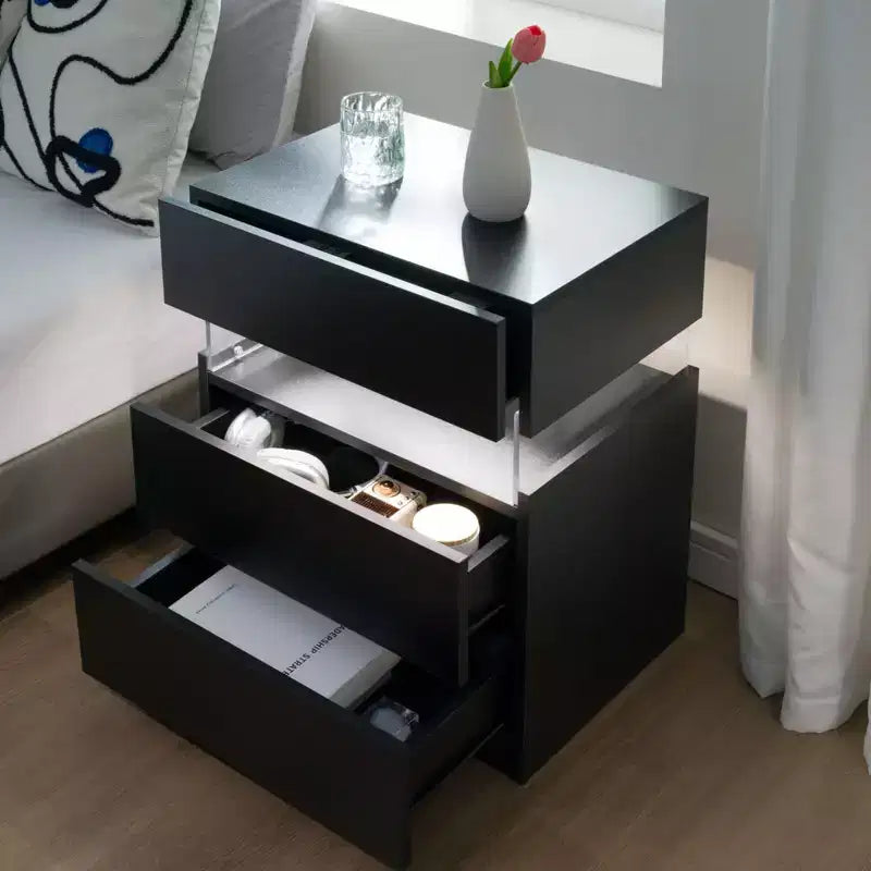 Commode à 3 tiroirs Okak LED pour chambre à coucher, tables de chevet LED en acrylique, tables d'appoint modernes avec tiroirs, mobilier de chambre à coucher.