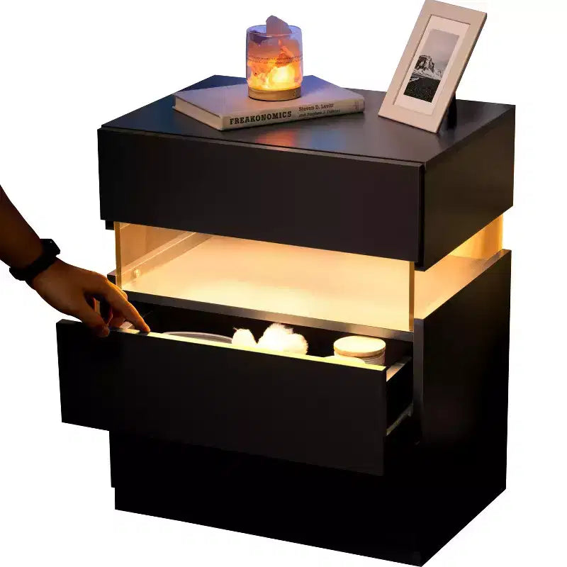 Commode à 3 tiroirs Okak LED pour chambre à coucher, tables de chevet LED en acrylique, tables d'appoint modernes avec tiroirs, mobilier de chambre à coucher.