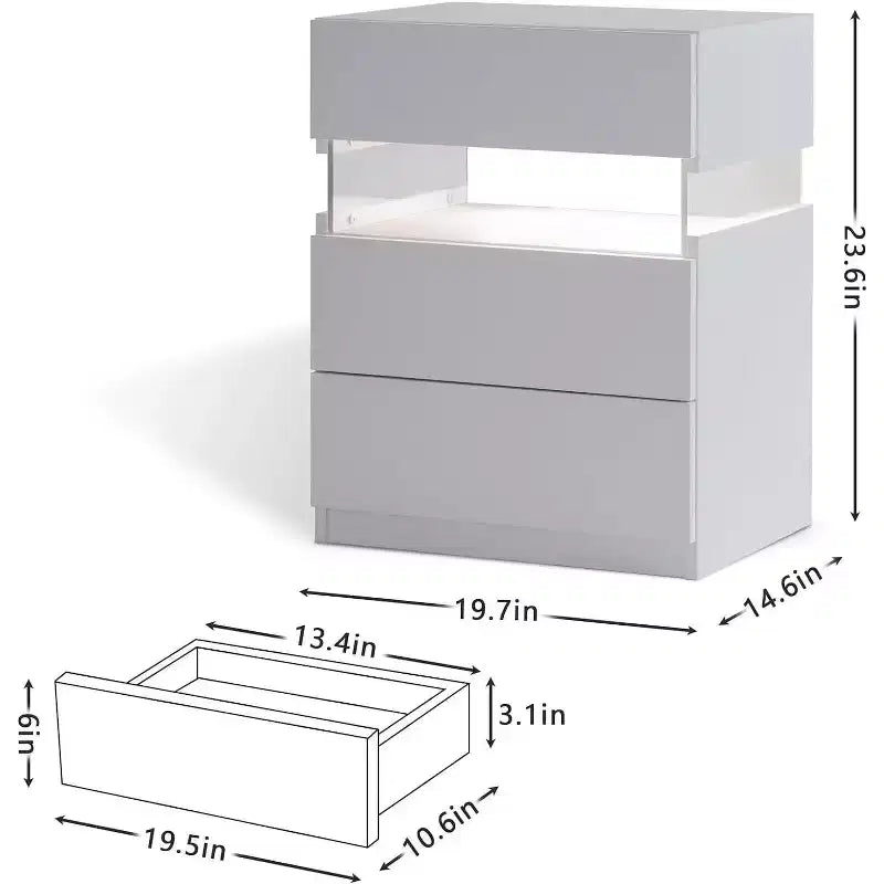 Commode à 3 tiroirs Okak LED pour chambre à coucher, tables de chevet LED en acrylique, tables d'appoint modernes avec tiroirs, mobilier de chambre à coucher.