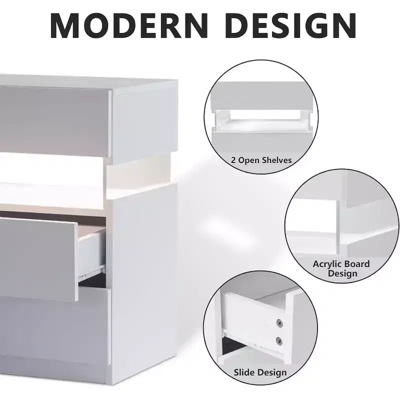 Commode à 3 tiroirs Okak LED pour chambre à coucher, tables de chevet LED en acrylique, tables d'appoint modernes avec tiroirs, mobilier de chambre à coucher.