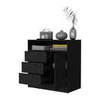 Commode Okak à 3 tiroirs avec 1 meuble de rangement à porte et 1 étagère, commode spacieuse pour chambre à coucher, finition noir mat, poignée en métal