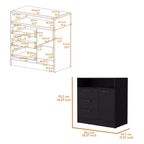 Commode Okak à 3 tiroirs avec 1 meuble de rangement à porte et 1 étagère, commode spacieuse pour chambre à coucher, finition noir mat, poignée en métal