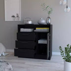 Commode Okak à 3 tiroirs avec 1 meuble de rangement à porte et 1 étagère, commode spacieuse pour chambre à coucher, finition noir mat, poignée en métal