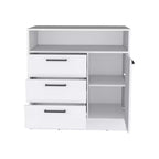 Commode à 3 tiroirs Okak avec 1 armoire de rangement à porte et 1 étagère, commode de rangement spacieuse pour salon, chambre à coucher, entrée, blanche