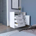 Commode à 3 tiroirs Okak avec 1 armoire de rangement à porte et 1 étagère, commode de rangement spacieuse pour salon, chambre à coucher, entrée, blanche