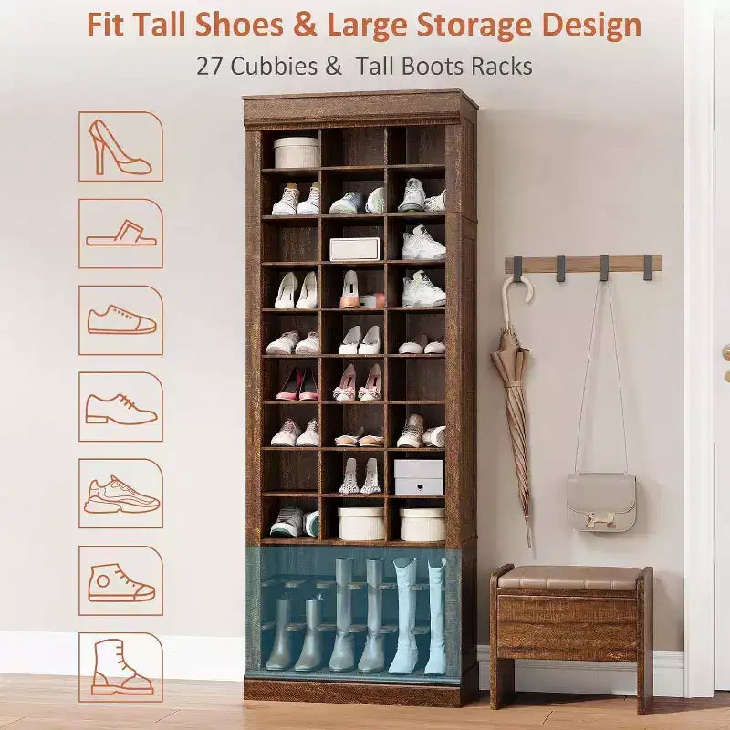 Meuble d'entrée 4-en-1 Acekool avec banc, 15 niches à chaussures et 5 patères, rangement de chaussures d'entrée avec assise et porte-manteau, finition grise