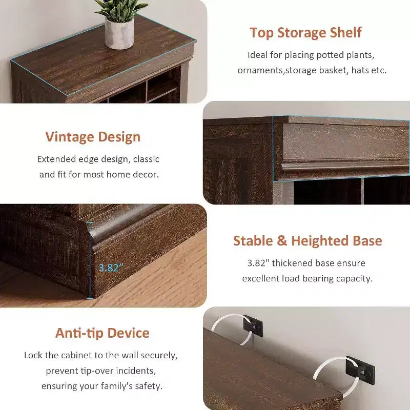 Meuble d'entrée 4-en-1 Acekool avec banc, 15 niches à chaussures et 5 patères, rangement de chaussures d'entrée avec assise et porte-manteau, finition grise