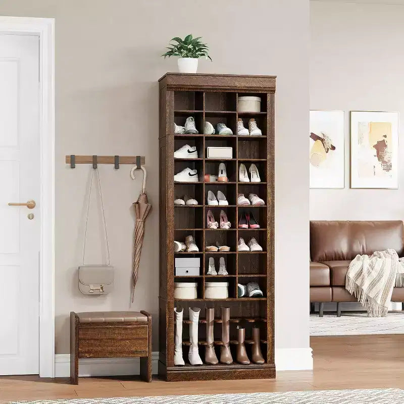 Meuble d'entrée 4-en-1 Acekool avec banc, 15 niches à chaussures et 5 patères, rangement de chaussures d'entrée avec assise et porte-manteau, finition grise