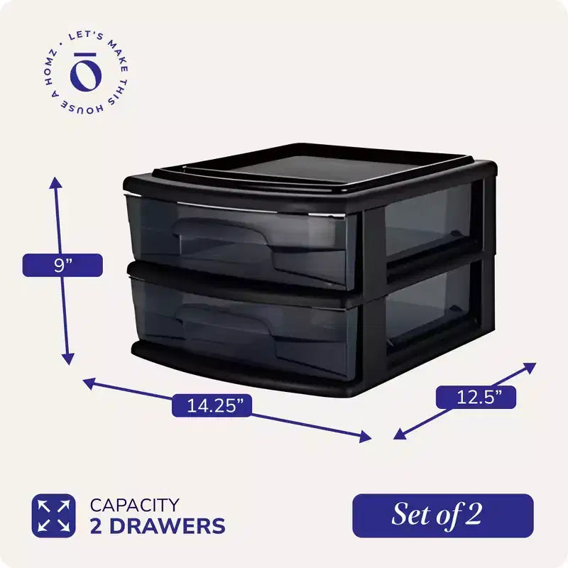 Lot de 2 chariots de rangement Homz, meuble de rangement en plastique à 2 tiroirs de taille moyenne pour la maison et le bureau, cadre noir avec tiroirs teintés fumée